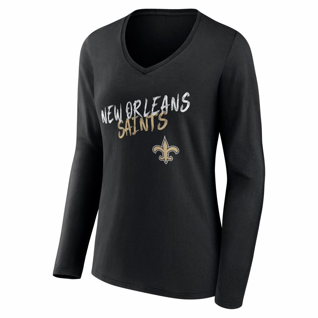 New Orleans Saints Women's Hustle Long Sleeve V-Neck T-Shirt - Black - NFL