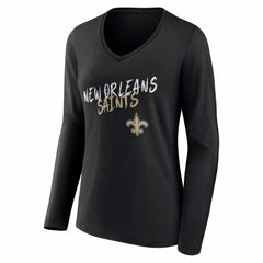 New Orleans Saints Women's Hustle Long Sleeve V-Neck T-Shirt - Black - NFL