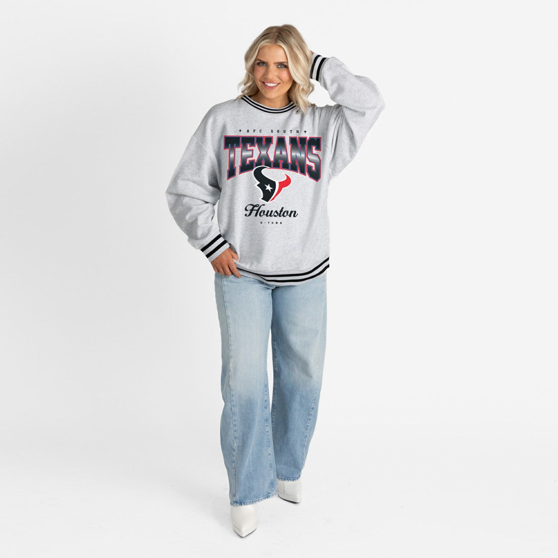 Houston Texans Gameday Couture Women's Oversized Gridiron Drive Ringer Stripe Sweatshirt - Ash/Black - NFL