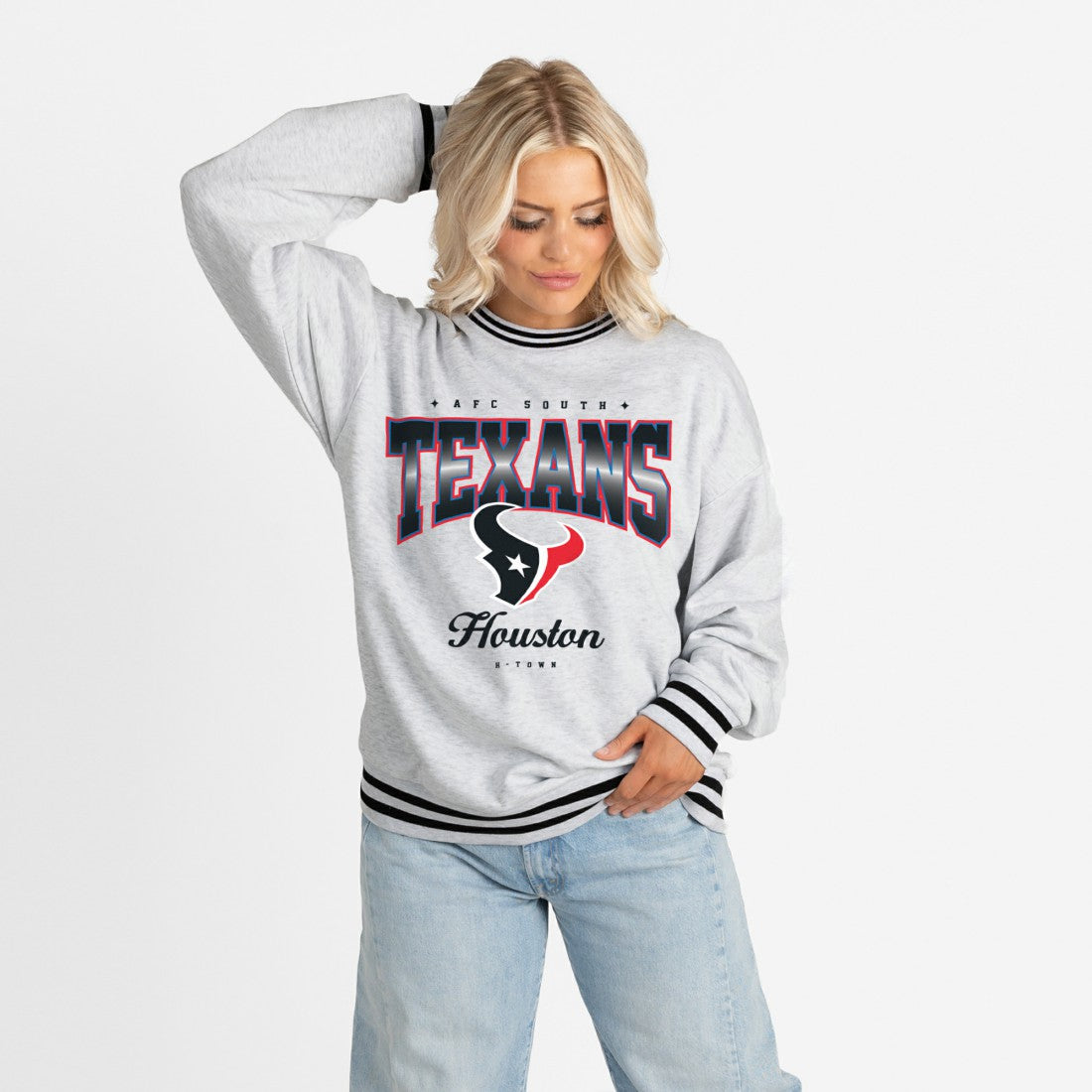 Houston Texans Gameday Couture Women's Oversized Gridiron Drive Ringer Stripe Sweatshirt - Ash/Black - NFL