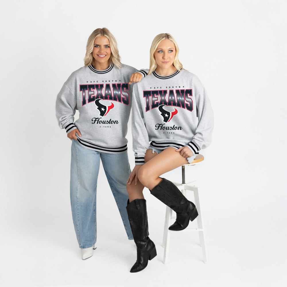 Houston Texans Gameday Couture Women's Oversized Gridiron Drive Ringer Stripe Sweatshirt - Ash/Black - NFL