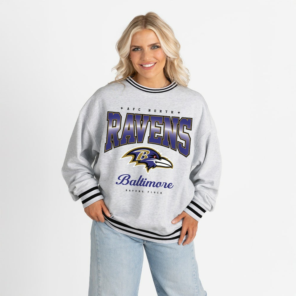 Baltimore Ravens Gameday Couture Women's Oversized Gridiron Drive Ringer Stripe Sweatshirt - Ash/Black - NFL