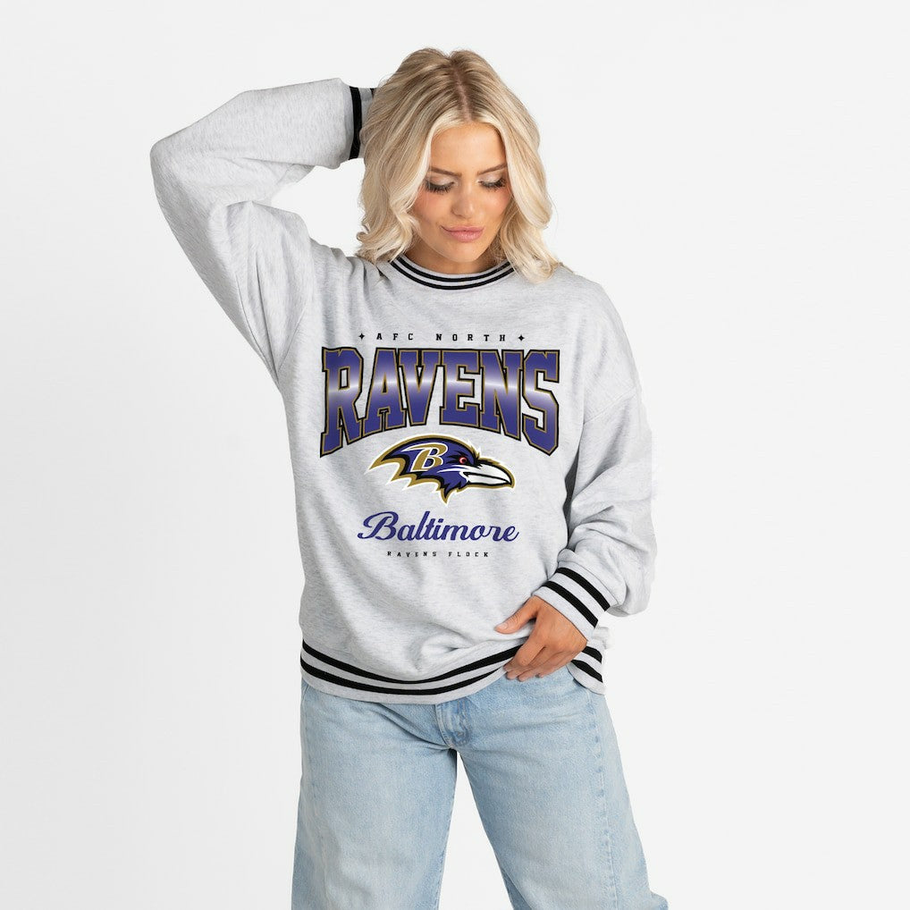 Baltimore Ravens Gameday Couture Women's Oversized Gridiron Drive Ringer Stripe Sweatshirt - Ash/Black - NFL