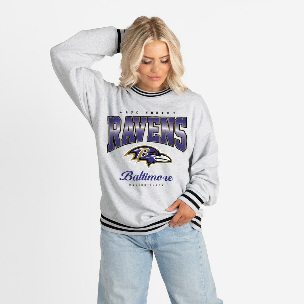 Baltimore Ravens Gameday Couture Women's Oversized Gridiron Drive Ringer Stripe Sweatshirt - Ash/Black - NFL