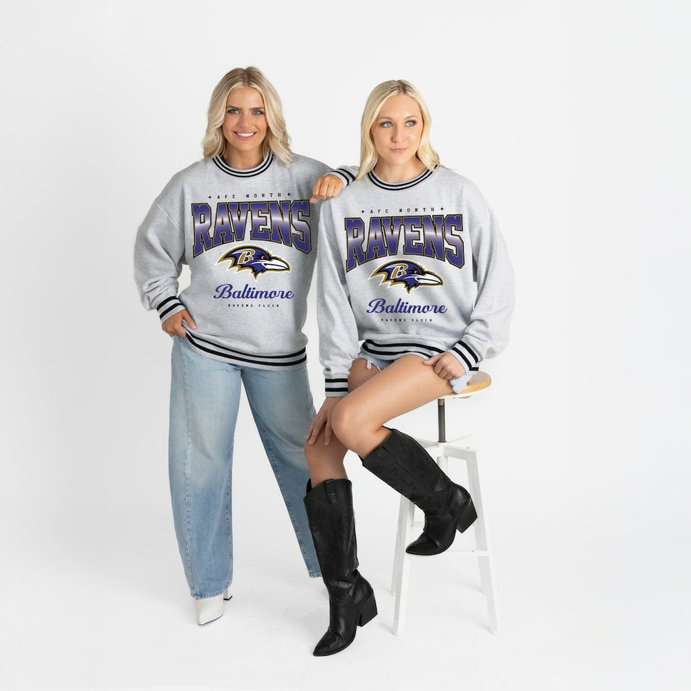 Baltimore Ravens Gameday Couture Women's Oversized Gridiron Drive Ringer Stripe Sweatshirt - Ash/Black - NFL