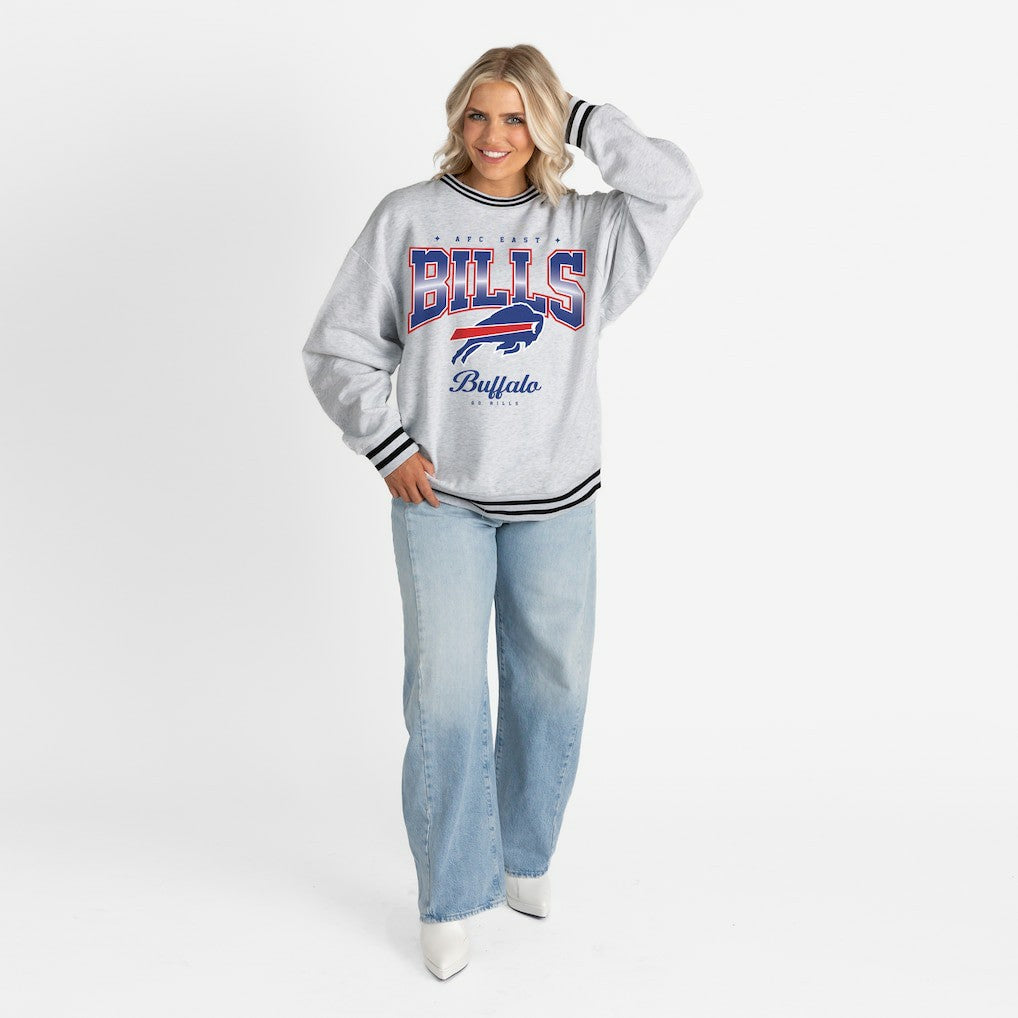 Buffalo Bills Gameday Couture Women's Oversized Gridiron Drive Ringer Stripe Sweatshirt - Ash/Black - NFL