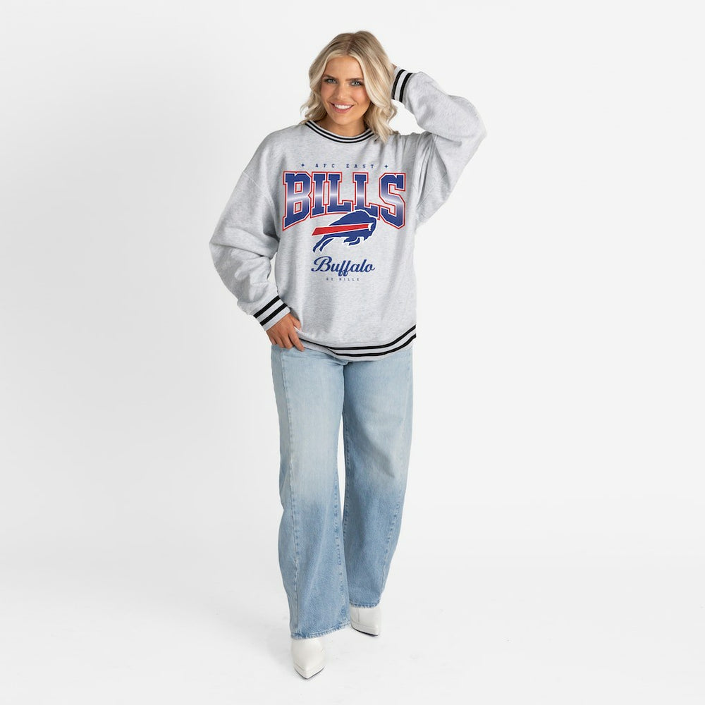 Buffalo Bills Gameday Couture Women's Oversized Gridiron Drive Ringer Stripe Sweatshirt - Ash/Black - NFL