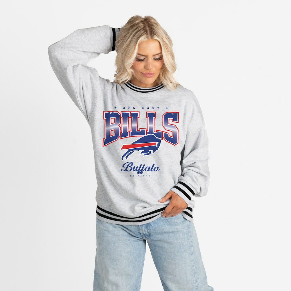 Buffalo Bills Gameday Couture Women's Oversized Gridiron Drive Ringer Stripe Sweatshirt - Ash/Black - NFL