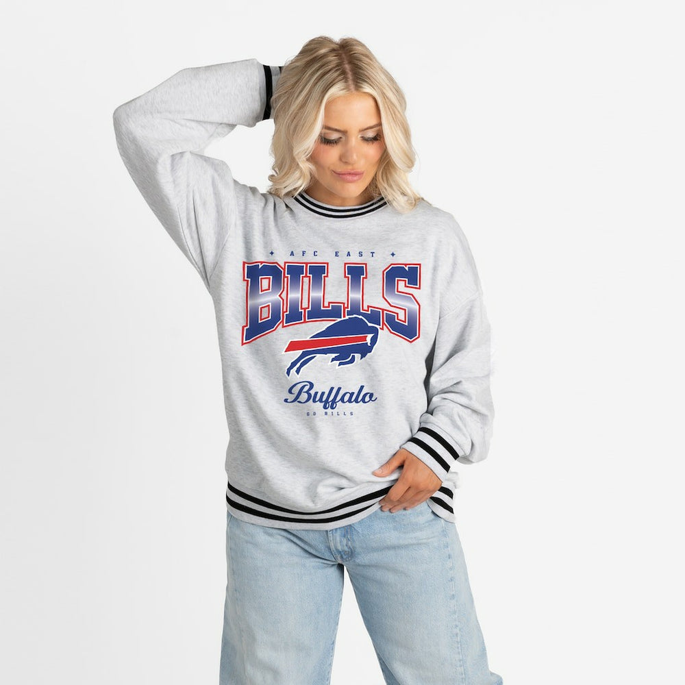 Buffalo Bills Gameday Couture Women's Oversized Gridiron Drive Ringer Stripe Sweatshirt - Ash/Black - NFL