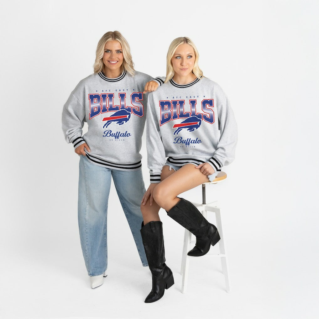 Buffalo Bills Gameday Couture Women's Oversized Gridiron Drive Ringer Stripe Sweatshirt - Ash/Black - NFL