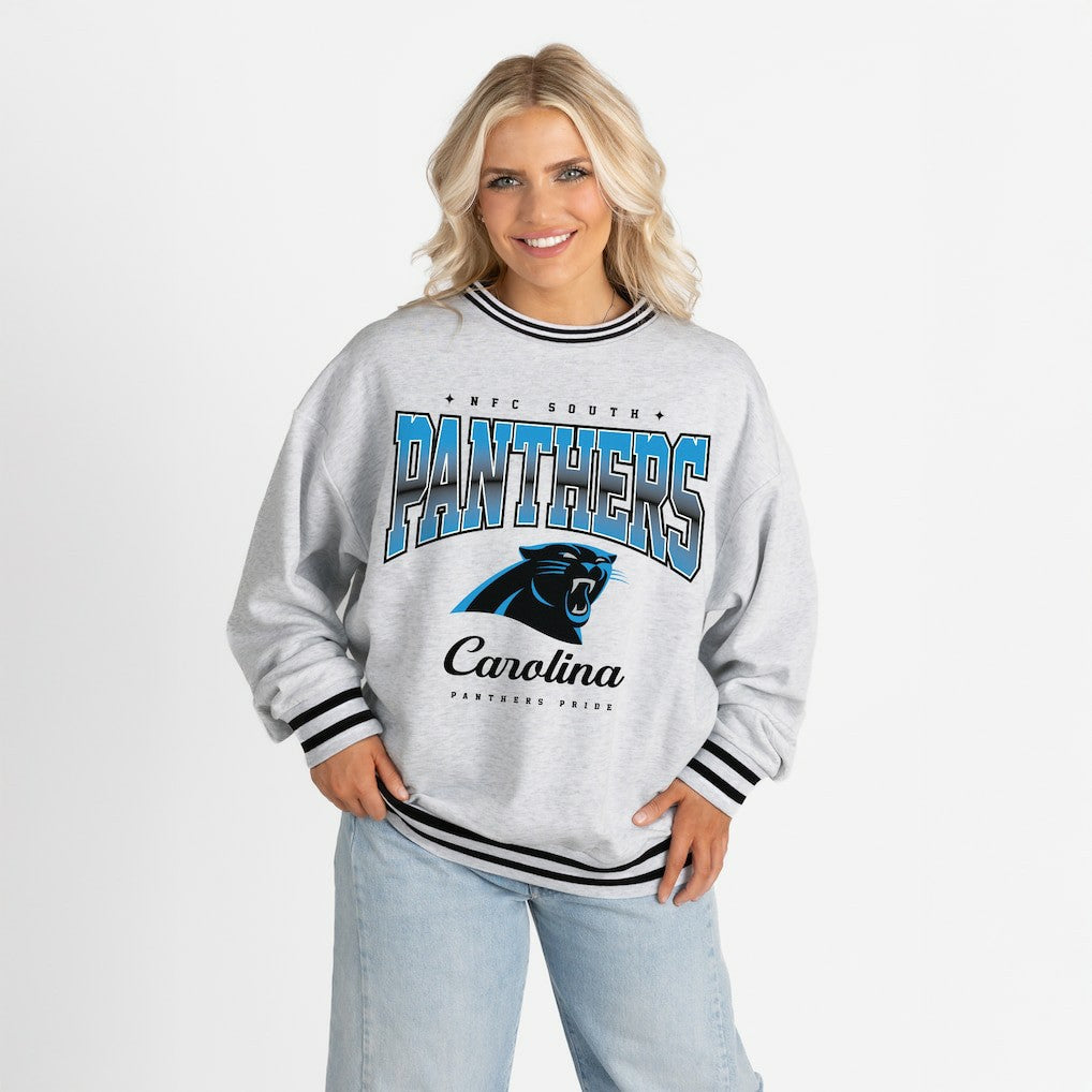 Carolina Panthers Gameday Couture Women's Oversized Gridiron Drive Ringer Stripe Sweatshirt - Ash/Black - NFL
