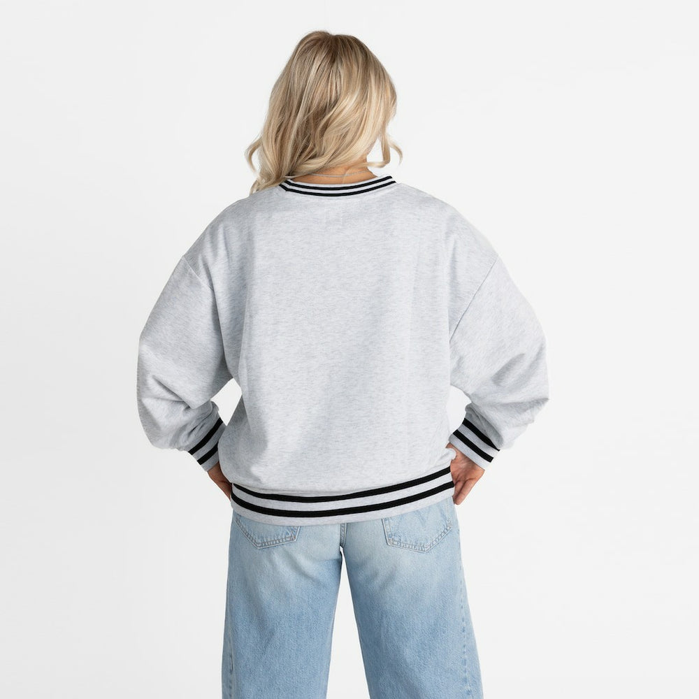 Carolina Panthers Gameday Couture Women's Oversized Gridiron Drive Ringer Stripe Sweatshirt - Ash/Black - NFL