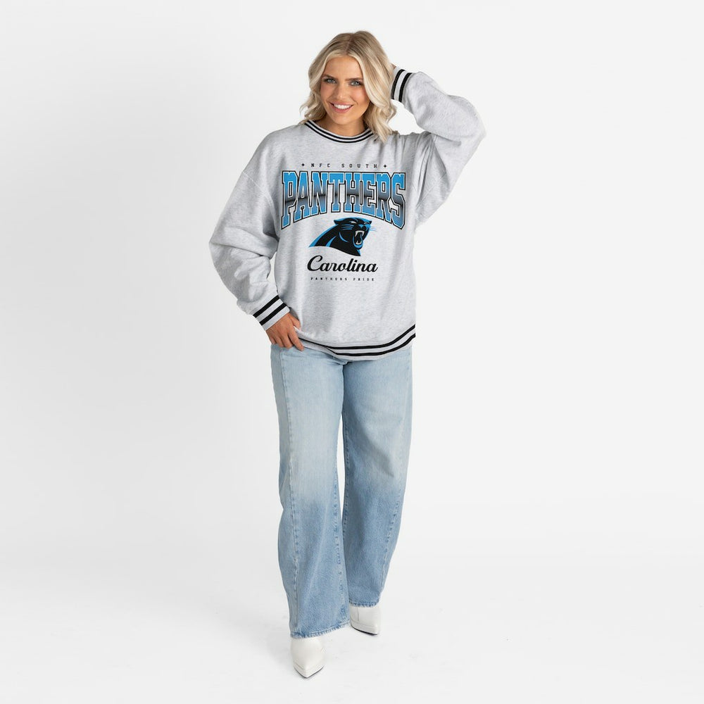 Carolina Panthers Gameday Couture Women's Oversized Gridiron Drive Ringer Stripe Sweatshirt - Ash/Black - NFL