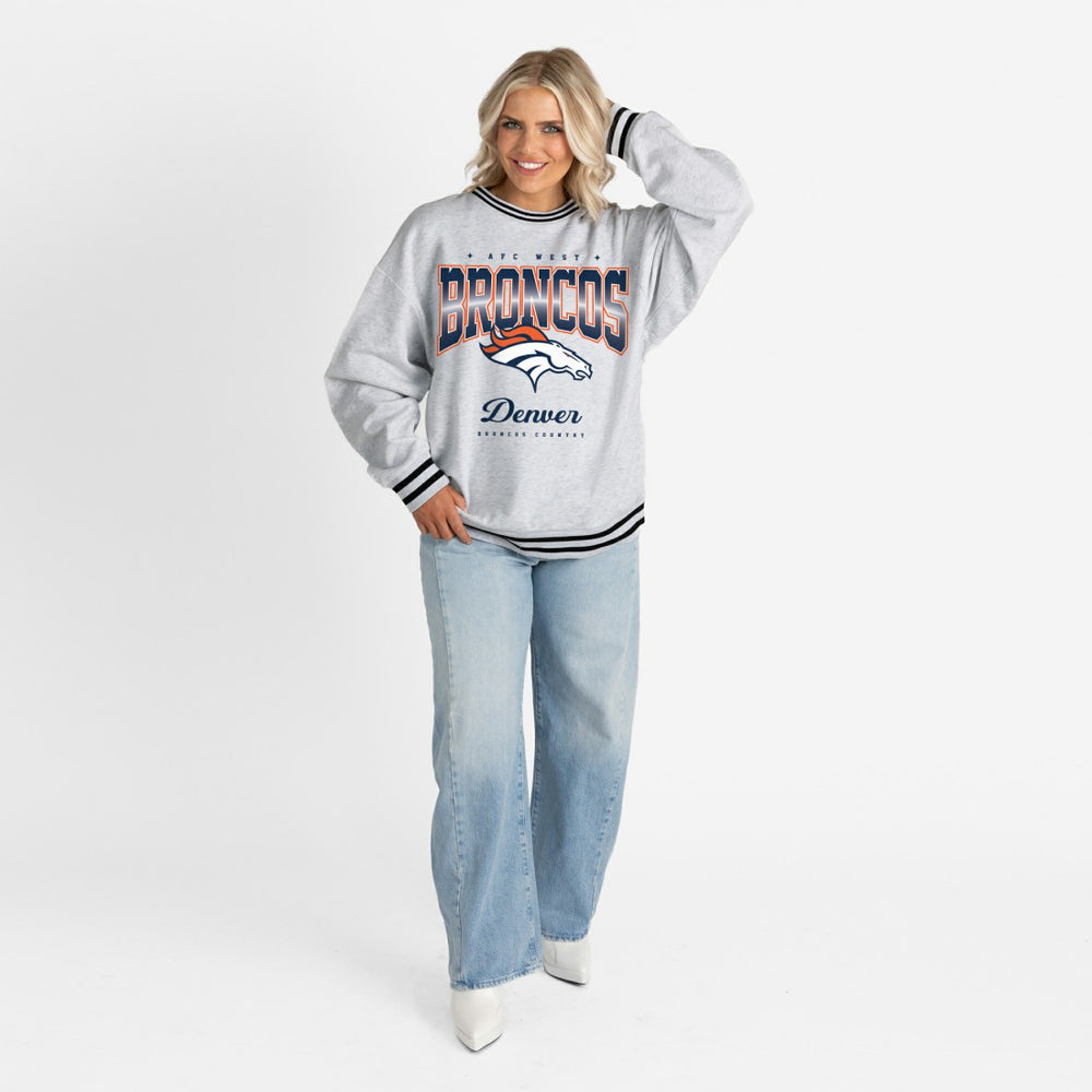 Denver Broncos Gameday Couture Women's Oversized Gridiron Drive Ringer Stripe Sweatshirt - Ash/Black - NFL