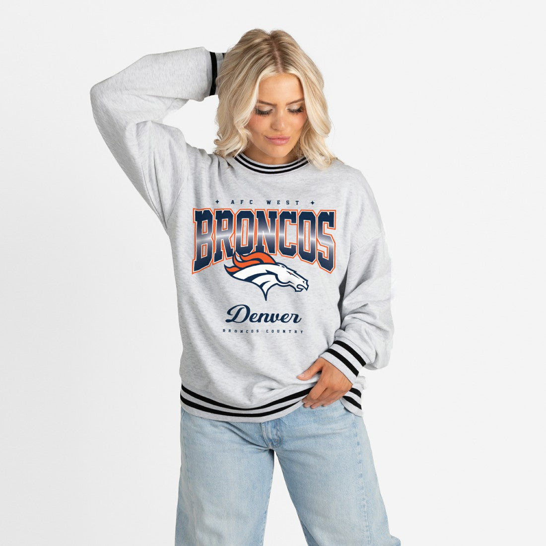 Denver Broncos Gameday Couture Women's Oversized Gridiron Drive Ringer Stripe Sweatshirt - Ash/Black - NFL