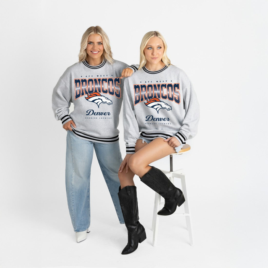 Denver Broncos Gameday Couture Women's Oversized Gridiron Drive Ringer Stripe Sweatshirt - Ash/Black - NFL