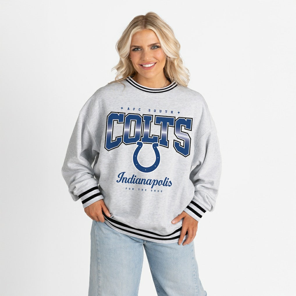 Indianapolis Colts Gameday Couture Women's Oversized Gridiron Drive Ringer Stripe Sweatshirt - Ash/Black - NFL