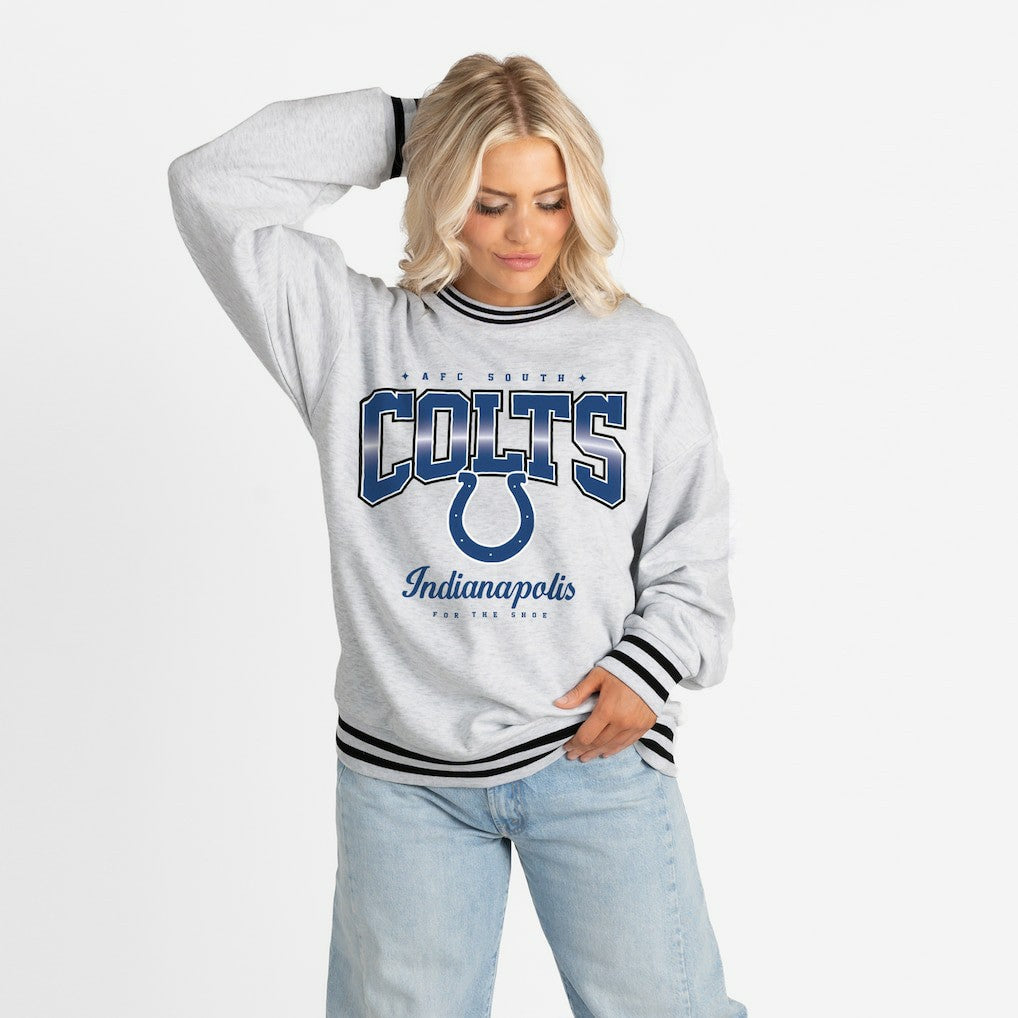 Indianapolis Colts Gameday Couture Women's Oversized Gridiron Drive Ringer Stripe Sweatshirt - Ash/Black - NFL