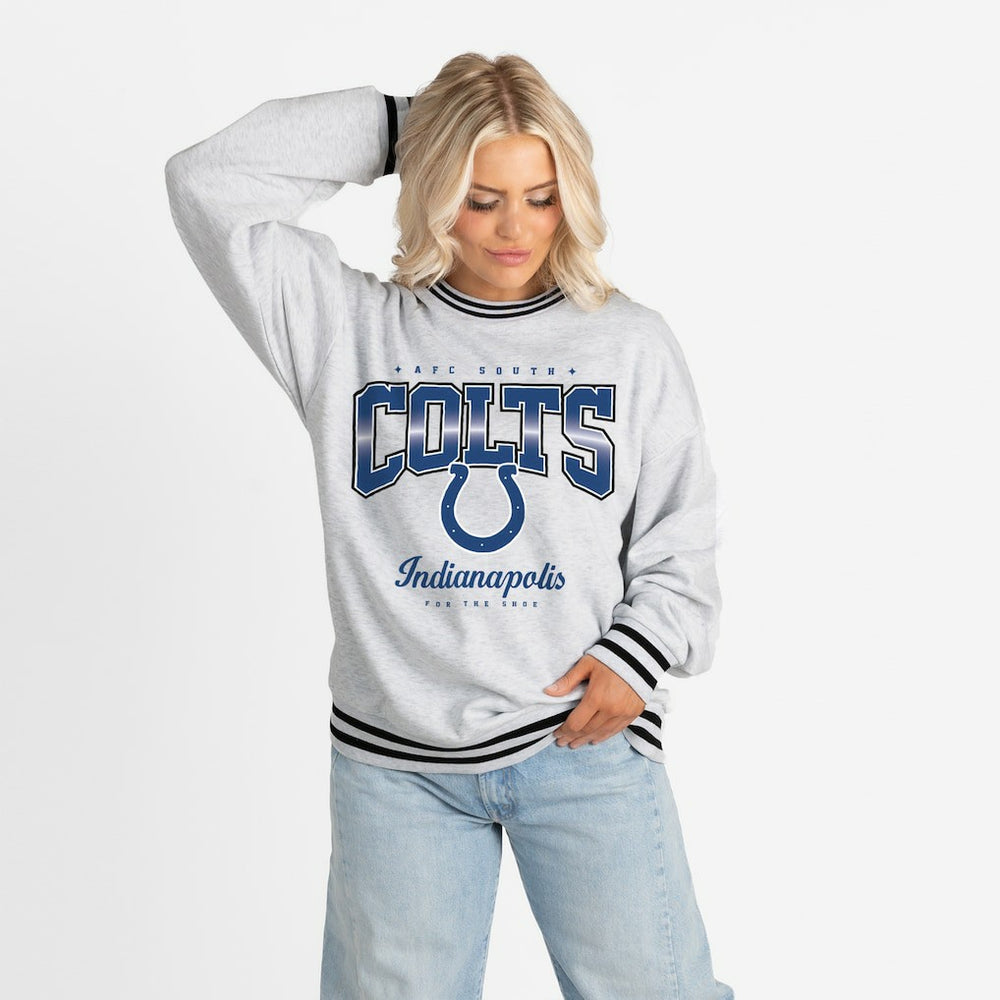 Indianapolis Colts Gameday Couture Women's Oversized Gridiron Drive Ringer Stripe Sweatshirt - Ash/Black - NFL
