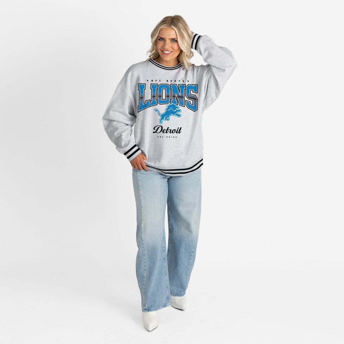 Detroit Lions Gameday Couture Women's Oversized Gridiron Drive Ringer Stripe Sweatshirt - Ash/Black - NFL
