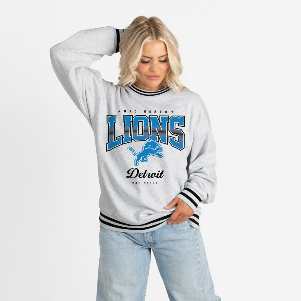 Detroit Lions Gameday Couture Women's Oversized Gridiron Drive Ringer Stripe Sweatshirt - Ash/Black - NFL