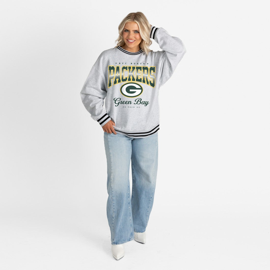 Green Bay Packers Gameday Couture Women's Oversized Gridiron Drive Ringer Stripe Sweatshirt - Ash/Black - NFL