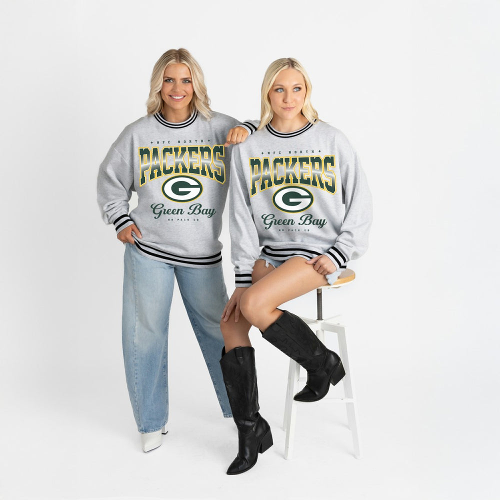 Green Bay Packers Gameday Couture Women's Oversized Gridiron Drive Ringer Stripe Sweatshirt - Ash/Black - NFL