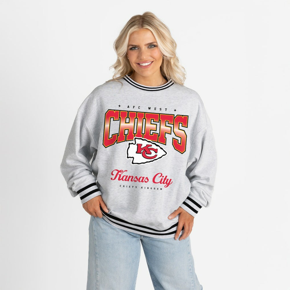 Kansas City Chiefs Gameday Couture Women's Oversized Gridiron Drive Ringer Stripe Sweatshirt - Ash/Black - NFL