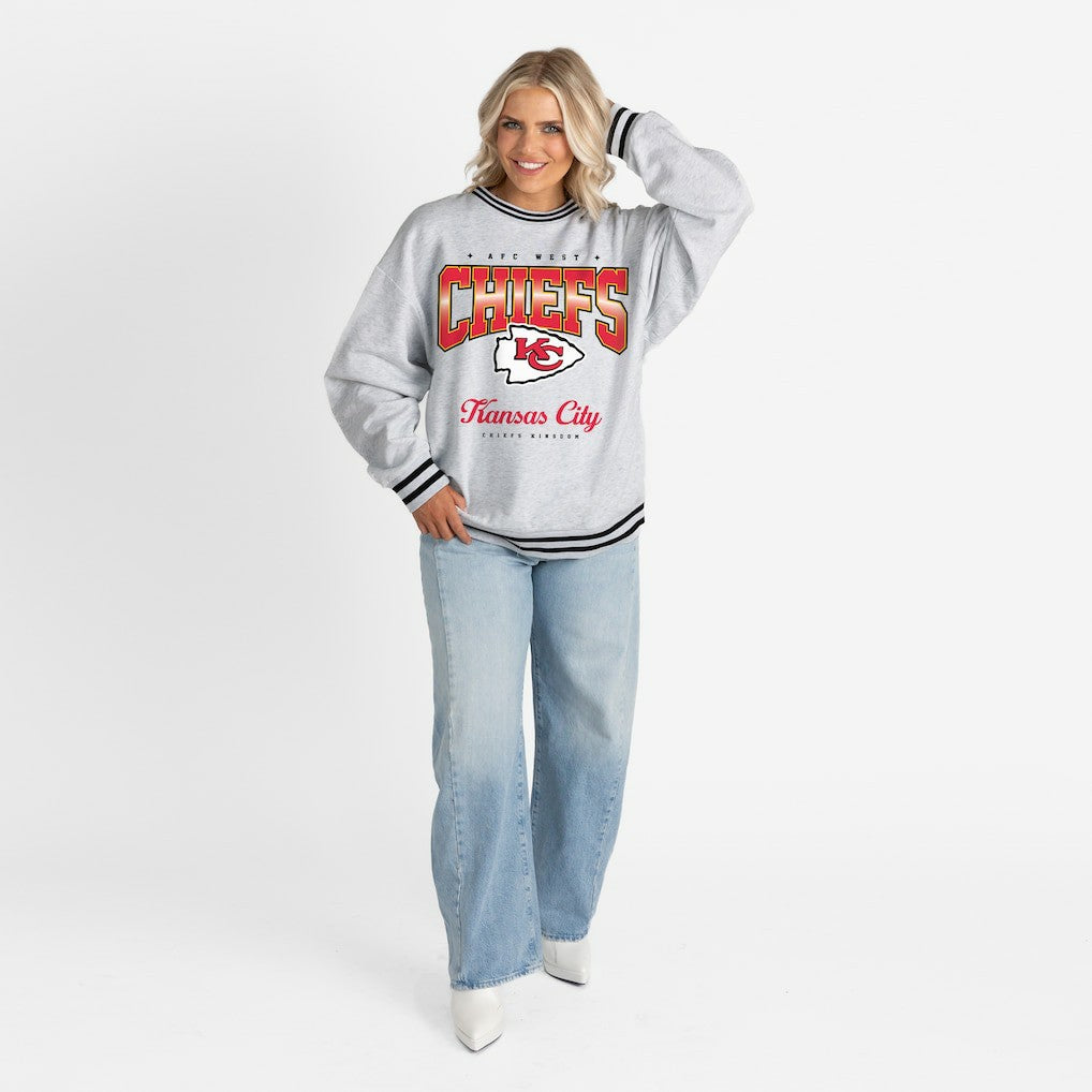 Kansas City Chiefs Gameday Couture Women's Oversized Gridiron Drive Ringer Stripe Sweatshirt - Ash/Black - NFL