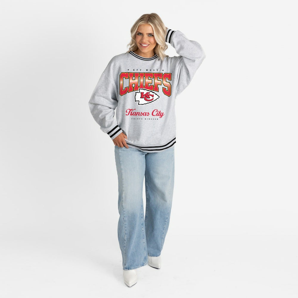 Kansas City Chiefs Gameday Couture Women's Oversized Gridiron Drive Ringer Stripe Sweatshirt - Ash/Black - NFL