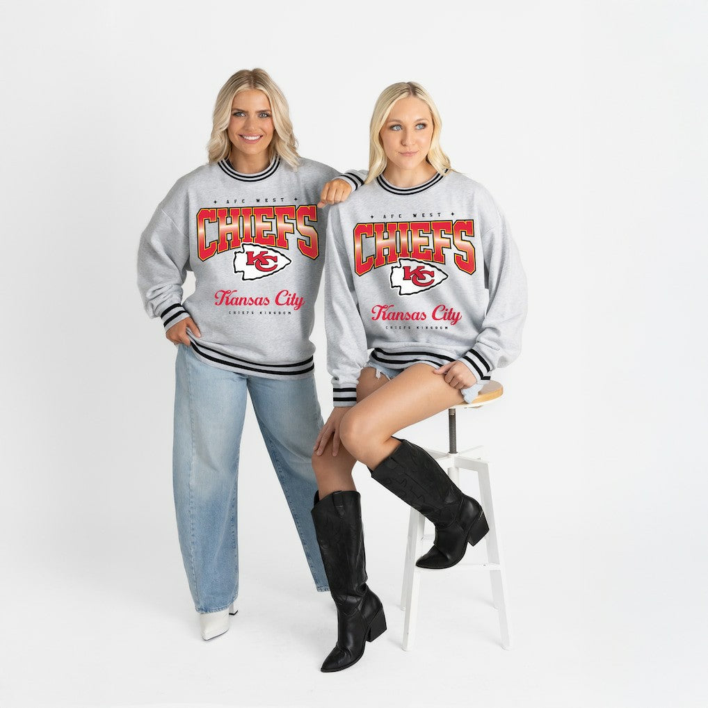Kansas City Chiefs Gameday Couture Women's Oversized Gridiron Drive Ringer Stripe Sweatshirt - Ash/Black - NFL