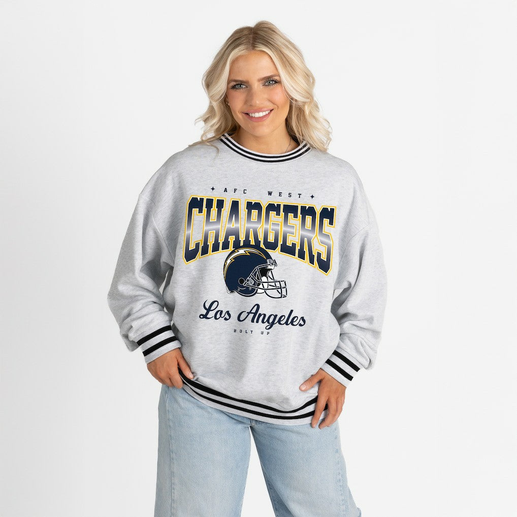 Los Angeles Chargers Gameday Couture Women's Oversized Gridiron Drive Ringer Stripe Sweatshirt - Ash/Black - NFL