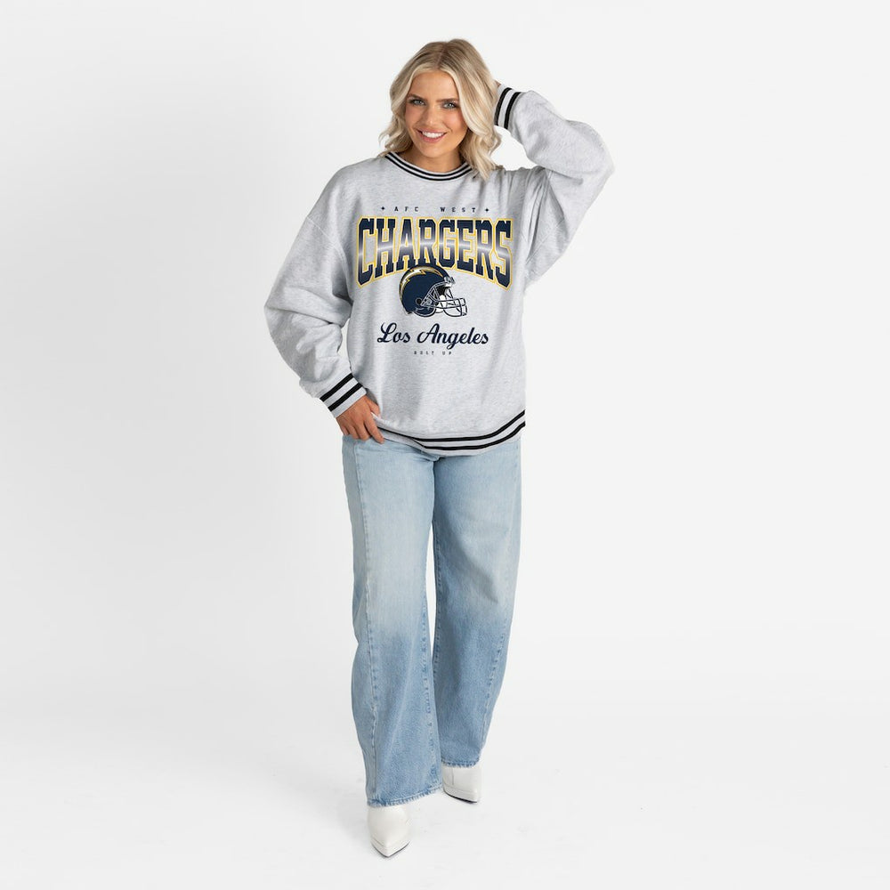 Los Angeles Chargers Gameday Couture Women's Oversized Gridiron Drive Ringer Stripe Sweatshirt - Ash/Black - NFL