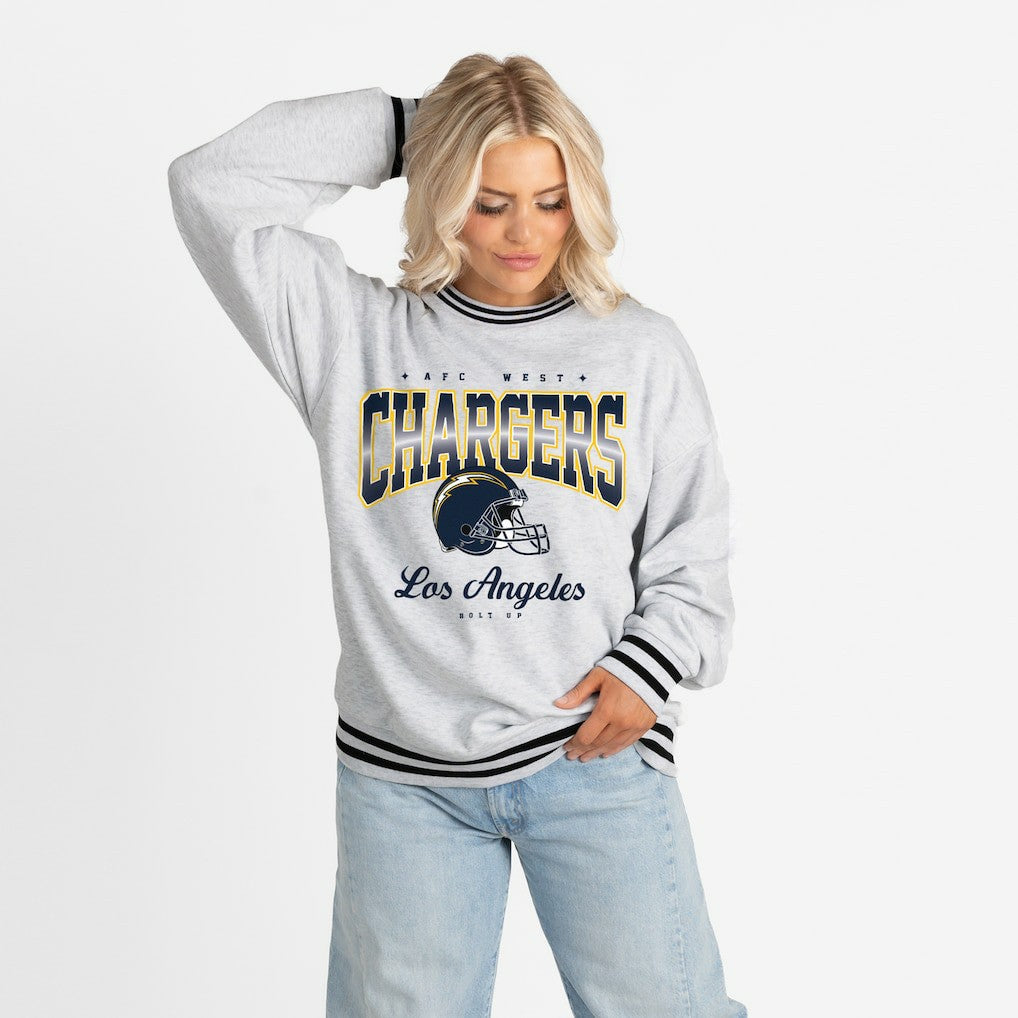 Los Angeles Chargers Gameday Couture Women's Oversized Gridiron Drive Ringer Stripe Sweatshirt - Ash/Black - NFL