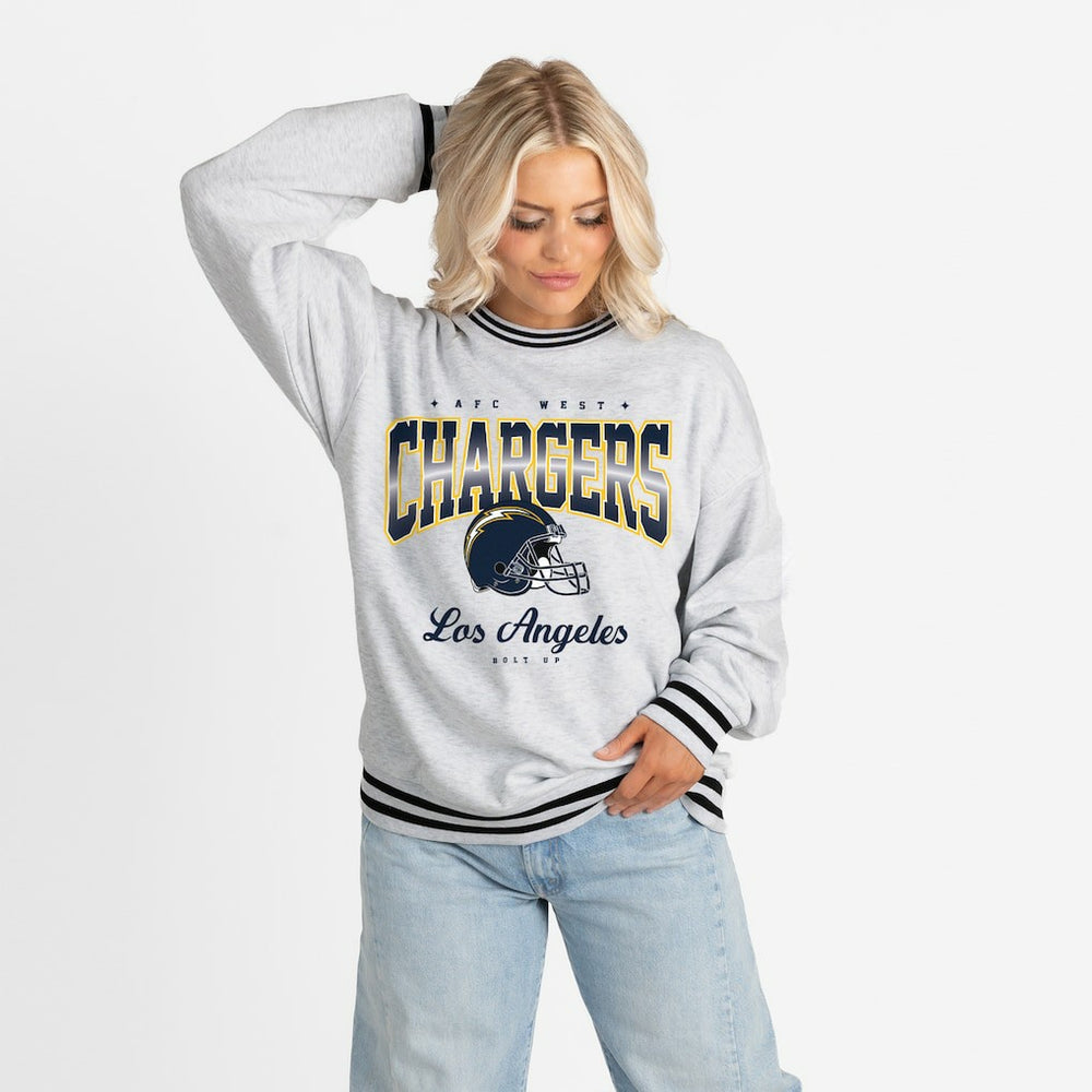 Los Angeles Chargers Gameday Couture Women's Oversized Gridiron Drive Ringer Stripe Sweatshirt - Ash/Black - NFL