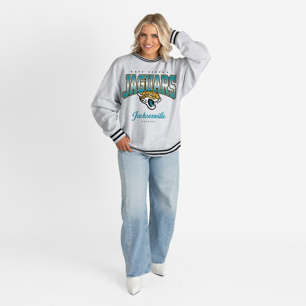 Jacksonville Jaguars Gameday Couture Women's Oversized Gridiron Drive Ringer Stripe Sweatshirt - Ash/Black - NFL