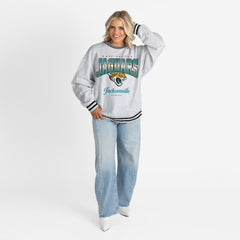 Jacksonville Jaguars Gameday Couture Women's Oversized Gridiron Drive Ringer Stripe Sweatshirt - Ash/Black - NFL