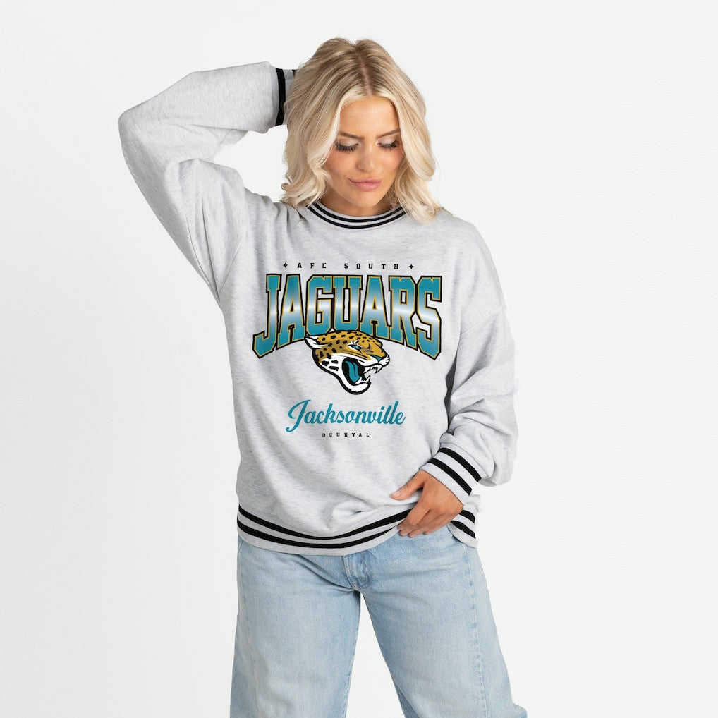 Jacksonville Jaguars Gameday Couture Women's Oversized Gridiron Drive Ringer Stripe Sweatshirt - Ash/Black - NFL
