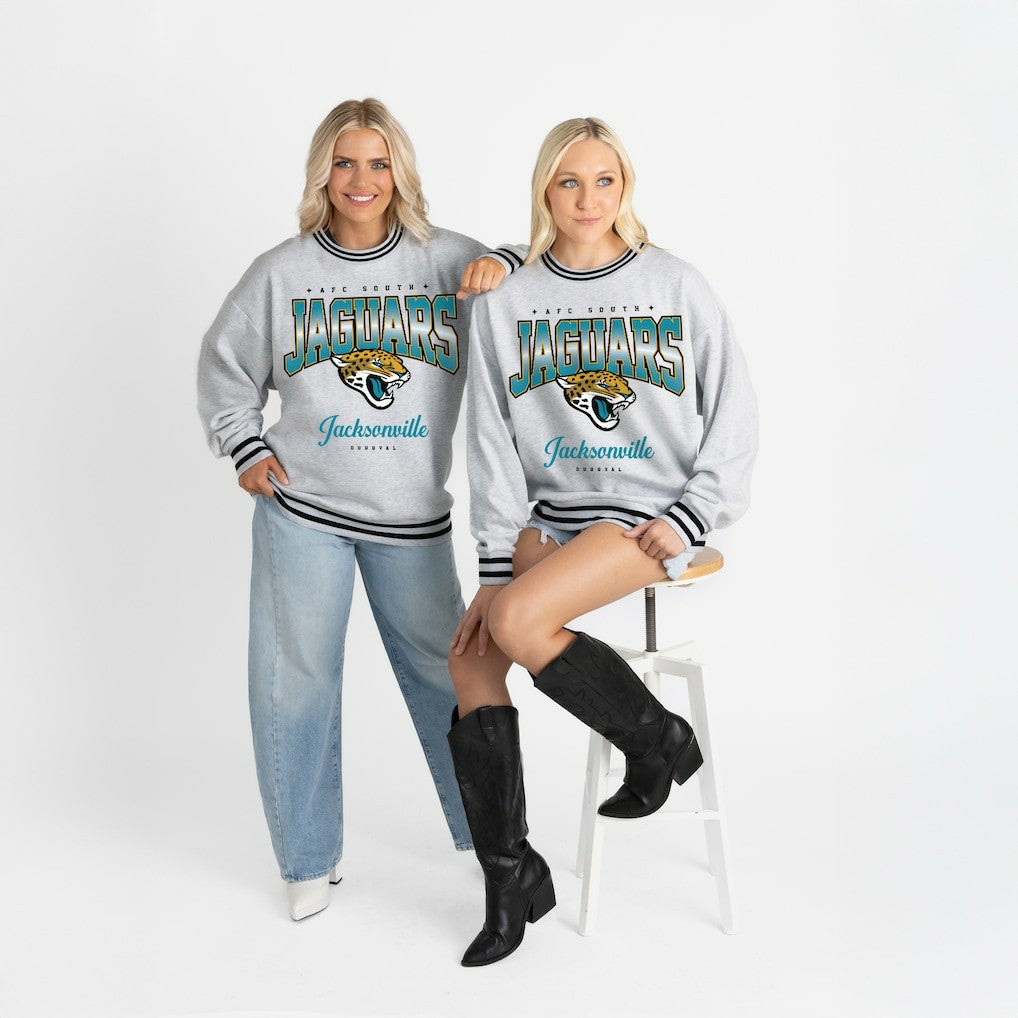 Jacksonville Jaguars Gameday Couture Women's Oversized Gridiron Drive Ringer Stripe Sweatshirt - Ash/Black - NFL
