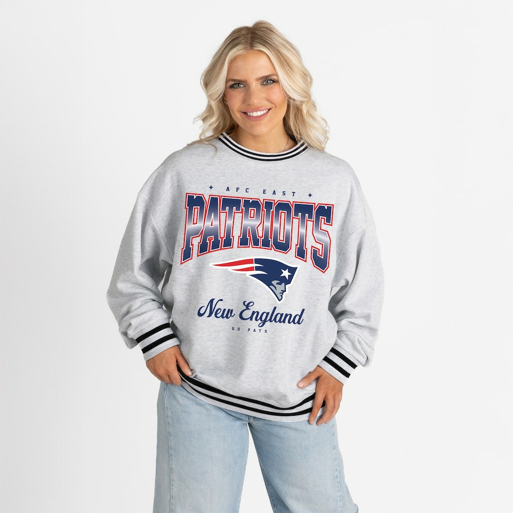 New England Patriots Gameday Couture Women's Oversized Gridiron Drive Ringer Stripe Sweatshirt - Ash/Black - NFL