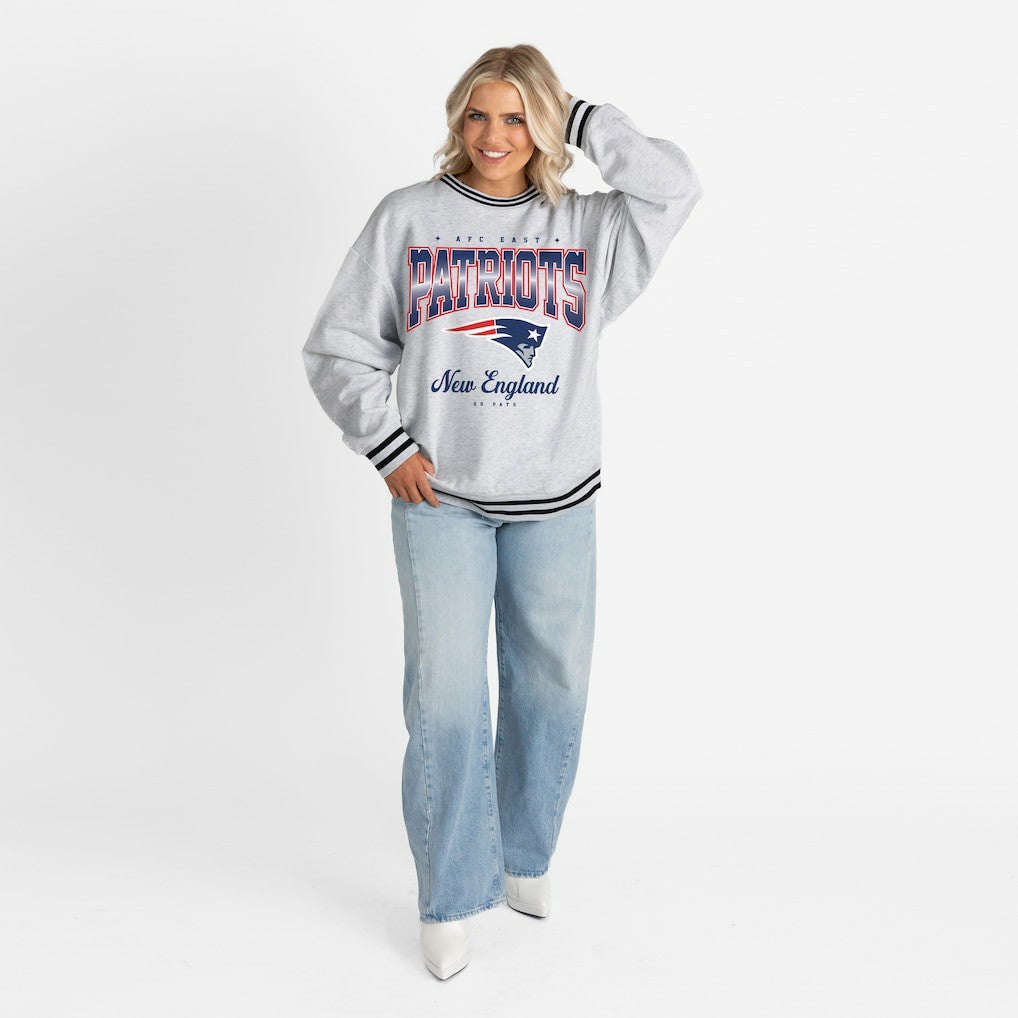New England Patriots Gameday Couture Women's Oversized Gridiron Drive Ringer Stripe Sweatshirt - Ash/Black - NFL
