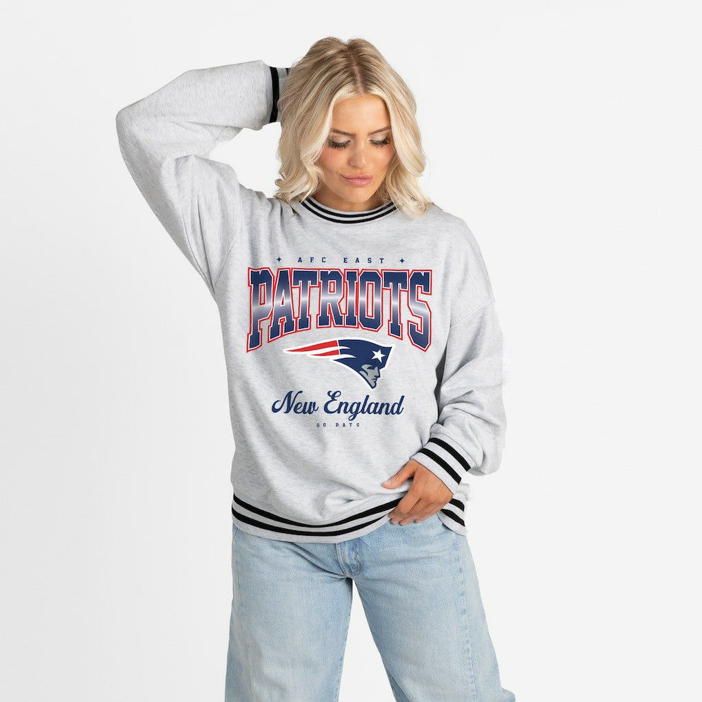 New England Patriots Gameday Couture Women's Oversized Gridiron Drive Ringer Stripe Sweatshirt - Ash/Black - NFL
