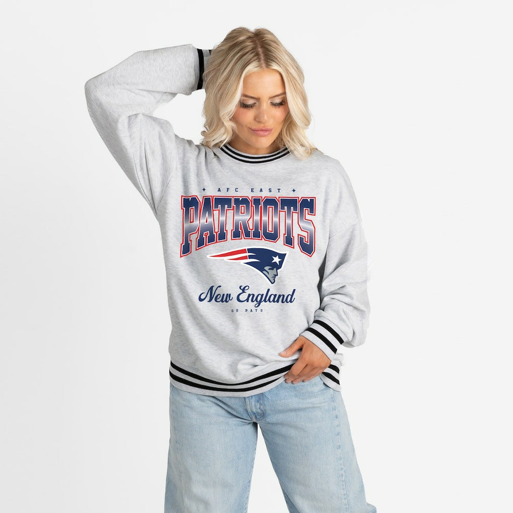 New England Patriots Gameday Couture Women's Oversized Gridiron Drive Ringer Stripe Sweatshirt - Ash/Black - NFL