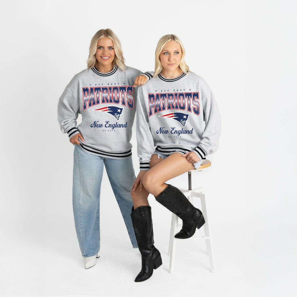 New England Patriots Gameday Couture Women's Oversized Gridiron Drive Ringer Stripe Sweatshirt - Ash/Black - NFL