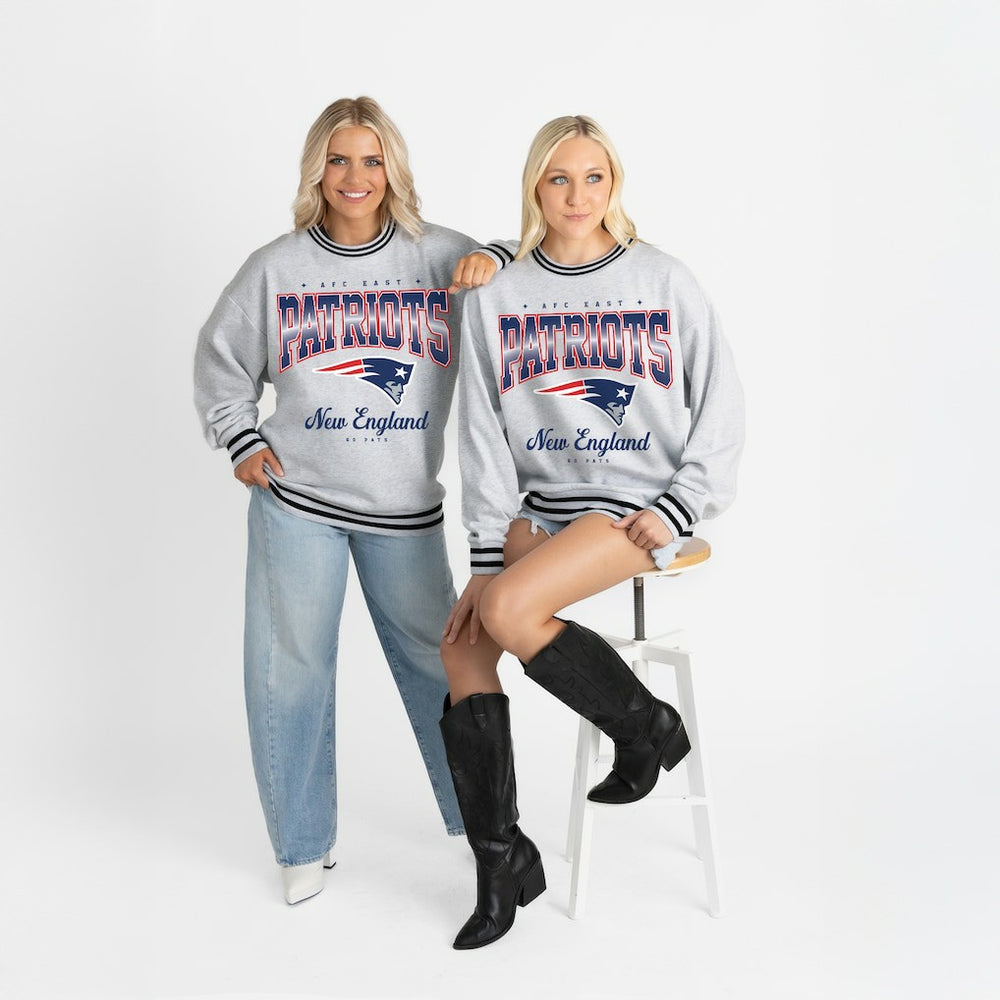 New England Patriots Gameday Couture Women's Oversized Gridiron Drive Ringer Stripe Sweatshirt - Ash/Black - NFL