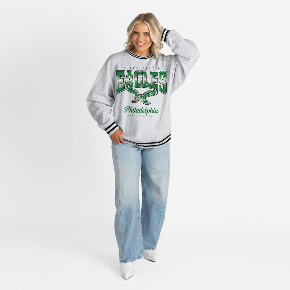 Philadelphia Eagles Gameday Couture Women's Oversized Gridiron Drive Ringer Stripe Sweatshirt - Ash/Black - NFL
