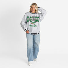 Philadelphia Eagles Gameday Couture Women's Oversized Gridiron Drive Ringer Stripe Sweatshirt - Ash/Black - NFL