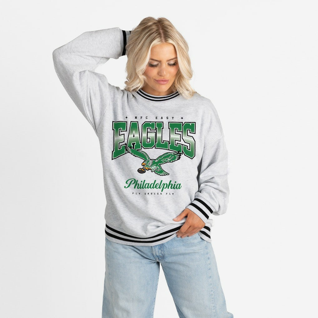 Philadelphia Eagles Gameday Couture Women's Oversized Gridiron Drive Ringer Stripe Sweatshirt - Ash/Black - NFL
