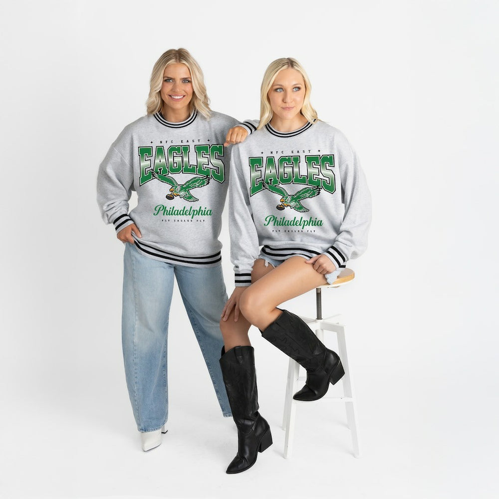 Philadelphia Eagles Gameday Couture Women's Oversized Gridiron Drive Ringer Stripe Sweatshirt - Ash/Black - NFL