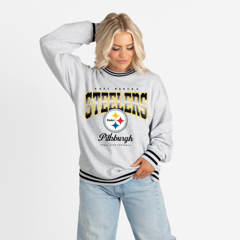 Pittsburgh Steelers Gameday Couture Women's Oversized Gridiron Drive Ringer Stripe Sweatshirt - Ash/Black - NFL